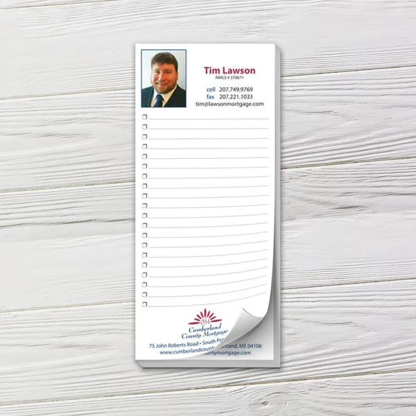 Custom notepad with lines and checkboxes, white paper with blue border, promotional notepad design.