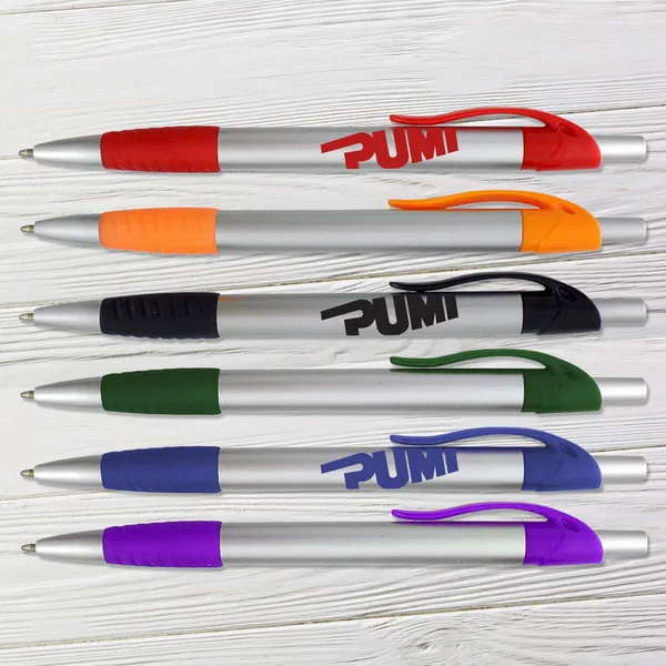Sierra Grip Pen Silver in red, orange, black, green, blue and purple promotional pens