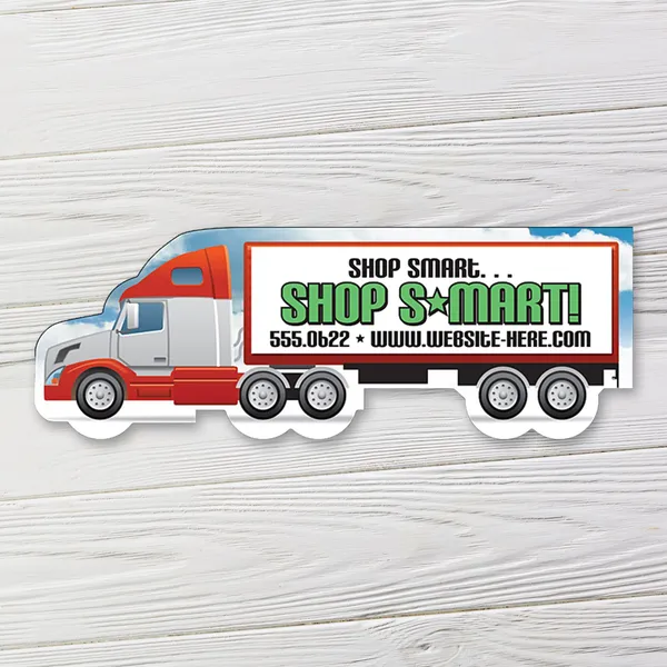 Red and white semi truck shaped magnet, 5"x1.7" promotional product