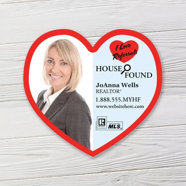 Red heart-shaped magnet custom promotional product, 3.25 inches, white and red design
