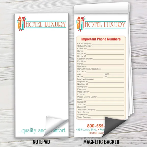 Custom magnetic notepad with important phone numbers list, white background, teal and orange design elements.