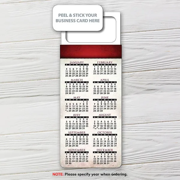 3.5 x 9 stock calendar magnet with a red header and a peel and stick business card spot