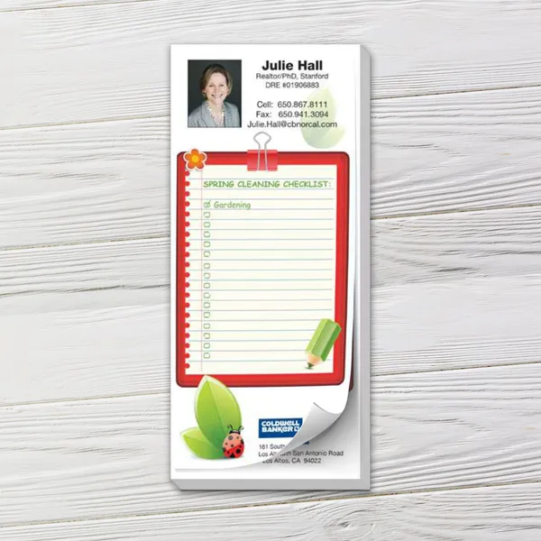 Custom Notepads, Checklist Custom checklist notepad with red frame, spring cleaning design, and binder clip holder.
