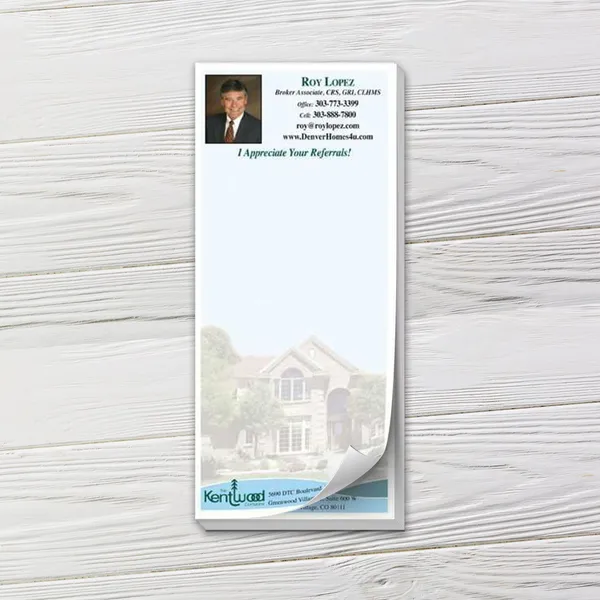 Custom notepad featuring blue and white home design with professional portrait layout