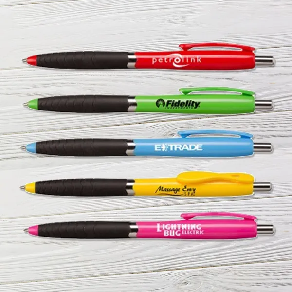 Colorful promotional pens with black grip, red green blue yellow pink, custom branding area