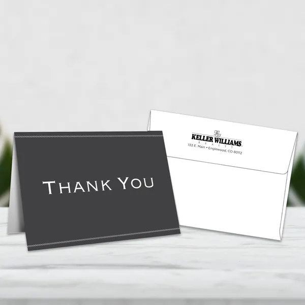 Dark gray custom appreciation greeting cards 5x7 with imprinted white envelopes