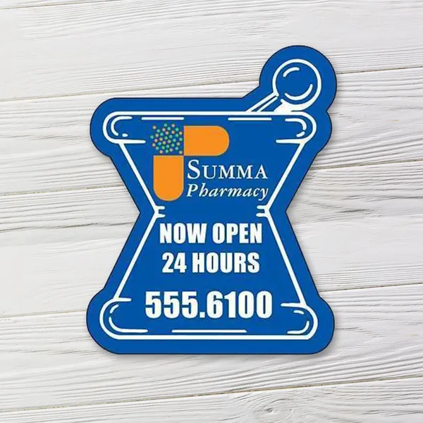 Blue mortar and pestle shaped magnet, 2.125"x2.625", promotional product with orange pill design