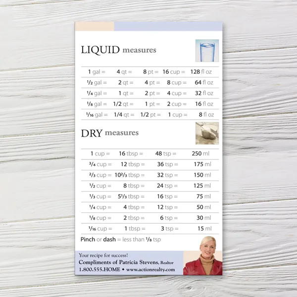 Measurement conversion magnet, 3.5x6 custom notepad, blue and tan design on white background