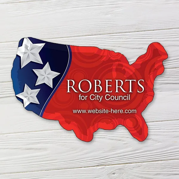 Red US-shaped political campaign magnet, 3.5x2.34 inches, navy and white stars design, promotional product.