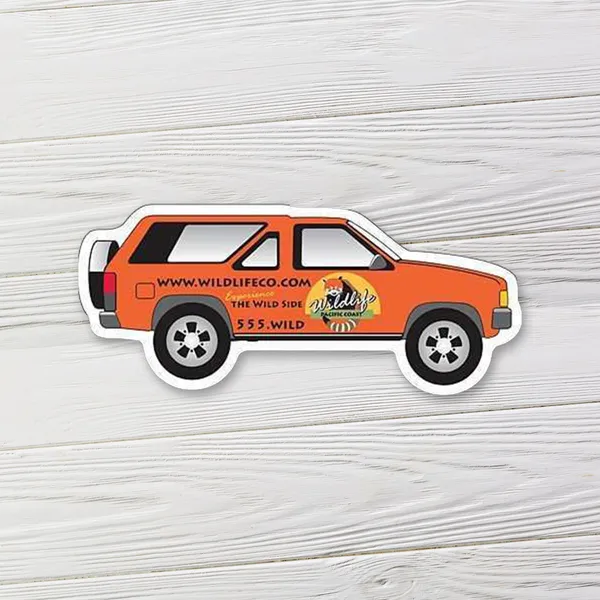 Orange SUV shaped magnet promotional product, 5.125"x2.25", white trim detail