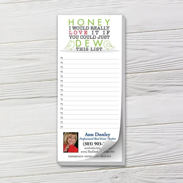 Custom Notepads, Honey Do List Custom honey do list notepad with green and red text on white paper, checkboxes