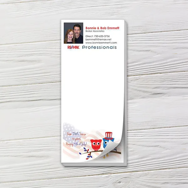 Custom notepad with patriotic owl design and American flag graphics in red, white, and blue.