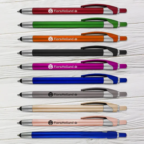 Colorful promotional pens in red, green, orange, black, purple, blue, gray, tan and pink with silver accents.