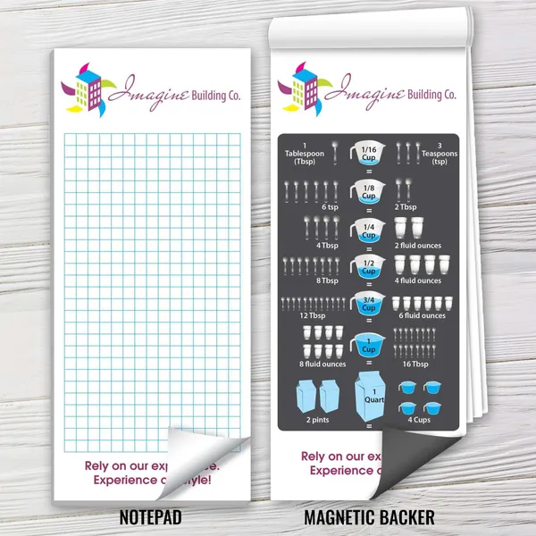 Custom magnetic notepad with kitchen measurement conversion chart, white and teal design