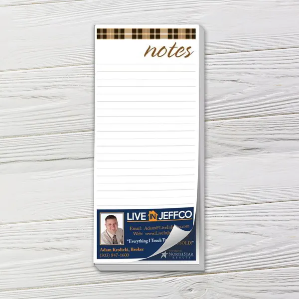 Custom notepad with tan plaid header, lined pages, and blue business card section
