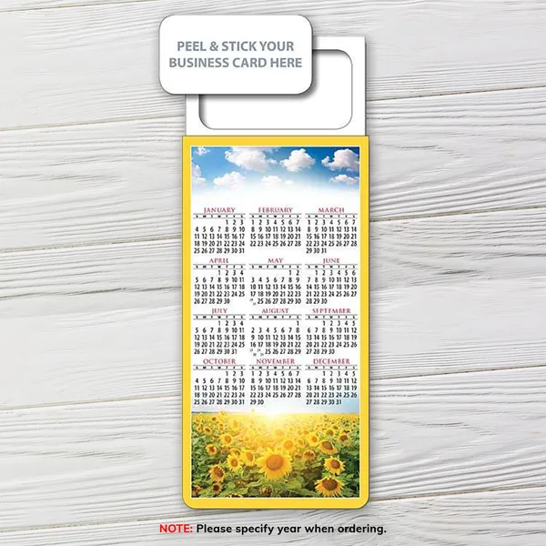 3.5 x 9 stock calendar magnet with a sunflower field photo and a peel and stick business card spot