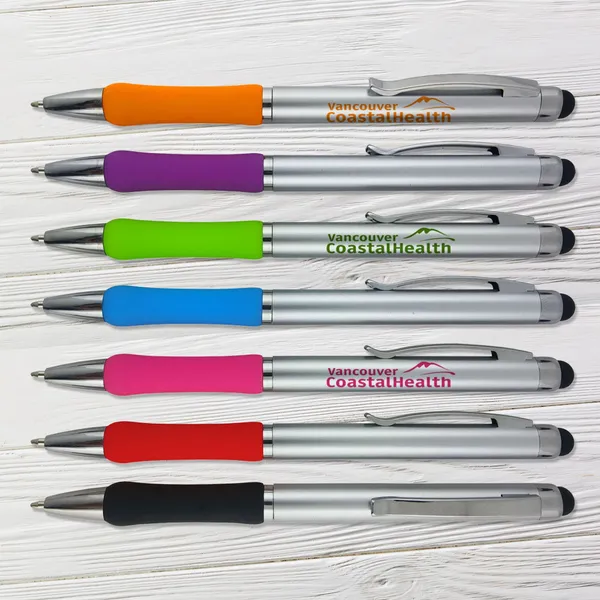 Tropical Stylus pens in seven vibrant colors with silver barrels, promotional product giveaway set