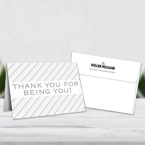 5x7 white appreciation greeting cards with diagonal stripe pattern and imprinted envelopes