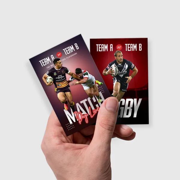 14pt Trading Cards Custom trading cards in navy and red color schemes displayed in hand, promotional product sample.