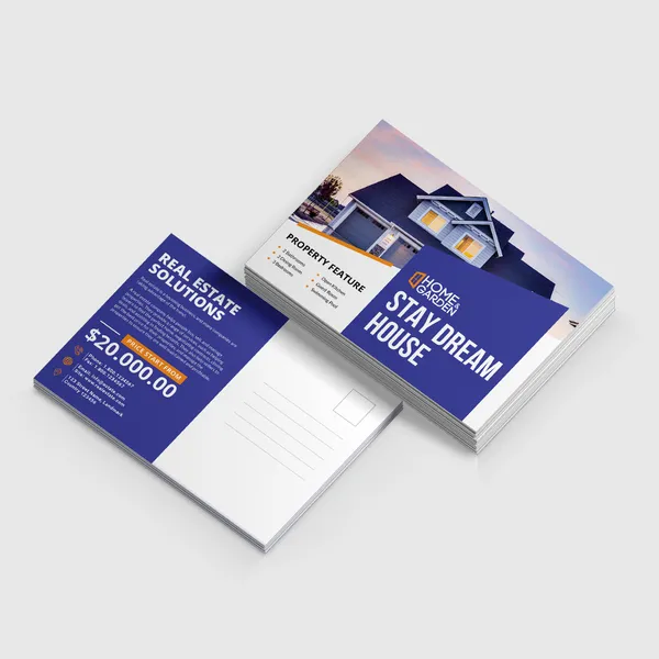 14pt Postcards Blue and white 14pt postcards with orange accents, custom promotional design mockup