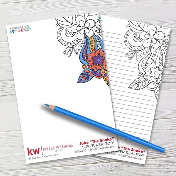 Things to Do-odle coloring notepad with flowers and mandala design, blue pencil included, promotional product