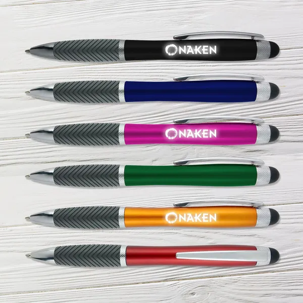 Colorful illuminated logo pens with stylus tips, promotional product in black, blue, pink, green, orange and red.