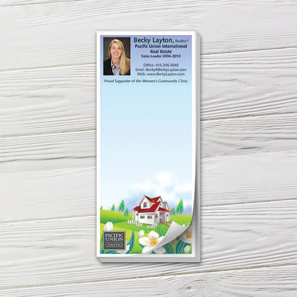 Custom notepad with spring house design, blue sky background, white border, promotional notepad
