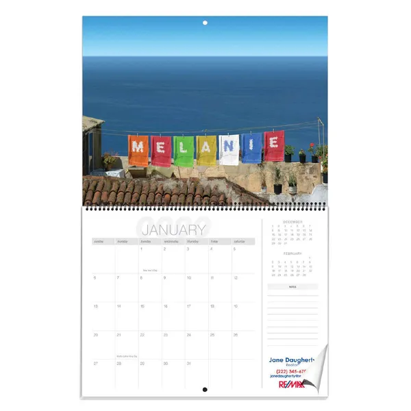 Custom Promotion Wall Calendars, Variable Data Images Custom wall calendar with scenic coastal photo and colorful laundry line design, promotional calendar notepad