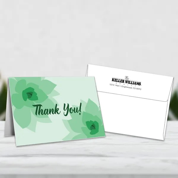 Green succulent custom greeting cards with imprinted envelopes, 5x7 inches