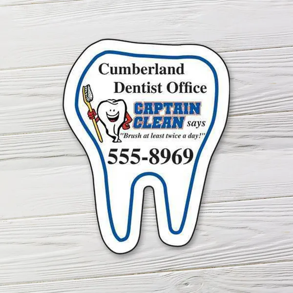 Tooth-shaped magnet promotional product, 1.75"x2.25", blue and white design.
