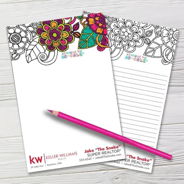 Things to Do-odle coloring notepad 5.5x8.25 with flowers and pink pen, custom promotional product
