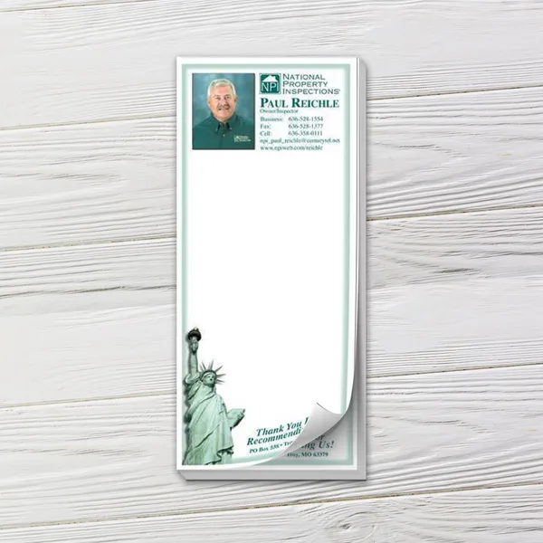 Custom notepad with Statue of Liberty design, white background, teal border.