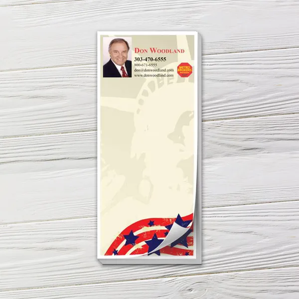 Custom notepad with patriotic red and blue design, cream background, portrait layout