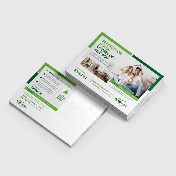 16PT Postcards in green and white, promotional printed postcards stacked display.