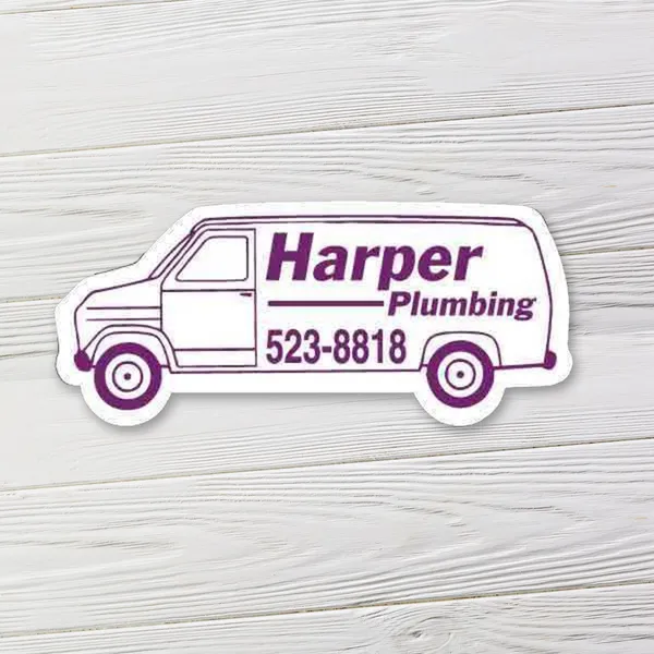 Purple and white van-shaped magnet promotional product, 4.125"x1.875