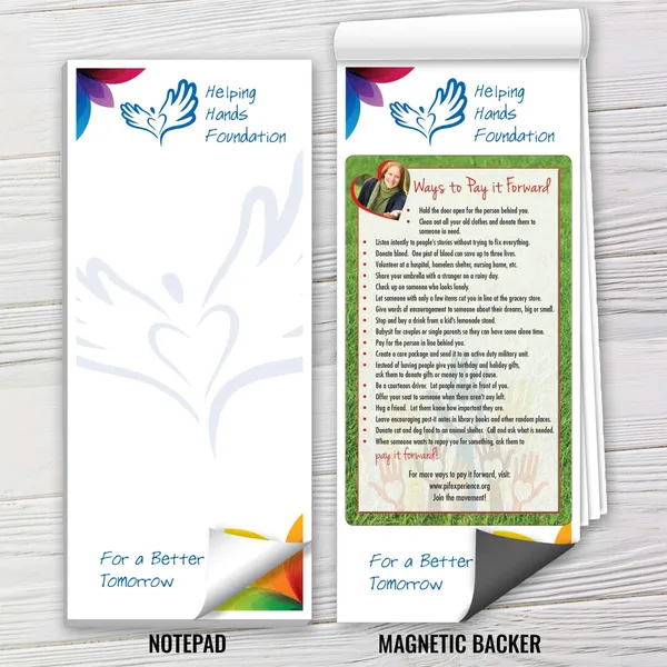 Custom magnetic notepad with colorful gradient design and helpful ideas list in blue and green tones.