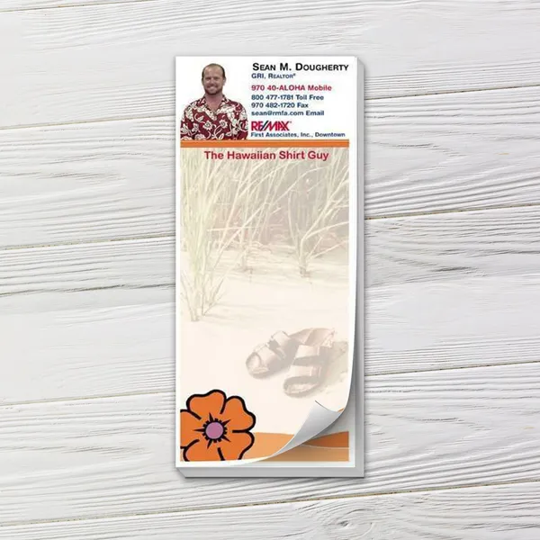 Custom notepad with summer sandals design, orange and cream colors, promotional notepad template.