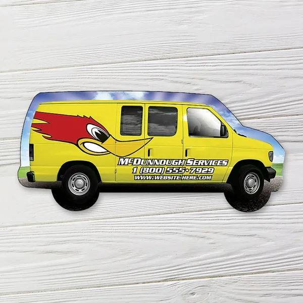 Yellow van-shaped magnet 4.125"x1.875" promotional product with red accent design