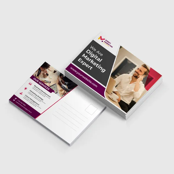 18pt postcards with purple and white color scheme, custom promotional product design mockup.