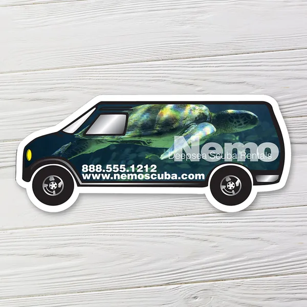 Van-shaped magnet promotional product, 5.5"x2.25", dark blue with sea turtle design