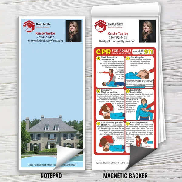 Custom magnetic notepad with CPR instructions, blue and red design, 3.5x8.5 inches