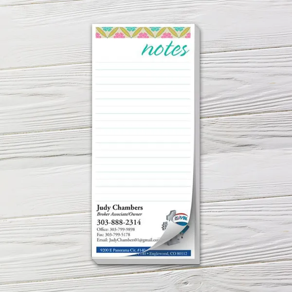 Custom notepad with colorful geometric header and lined pages for notes