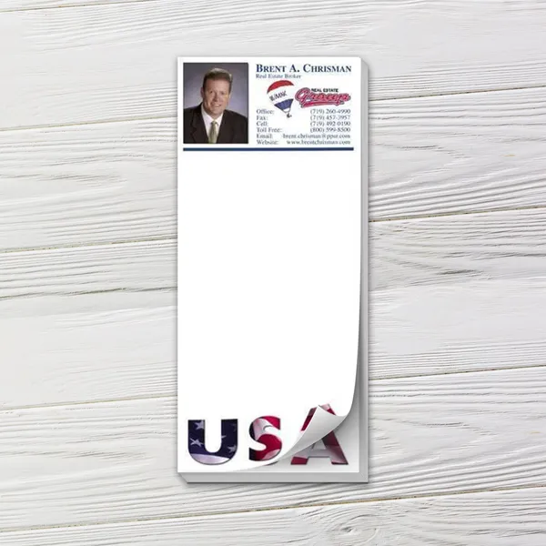 Custom notepad with USA patriotic theme, red and blue design on white background