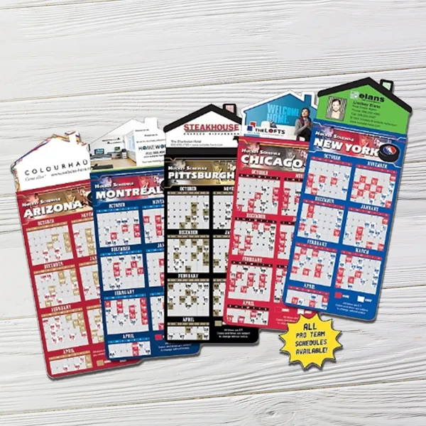 House-shaped hockey schedule magnet, 3.5x9, red white blue color scheme, promotional product