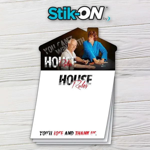 Custom house-shaped magnetic notepad, 3.5x3.5, white and black design with 25 sheets