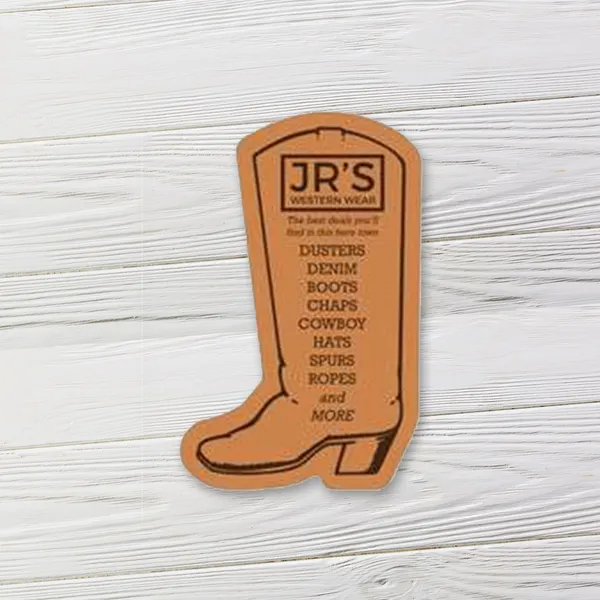 Cowboy boot shaped magnet, tan leather color, 1.75"x2.75" promotional product