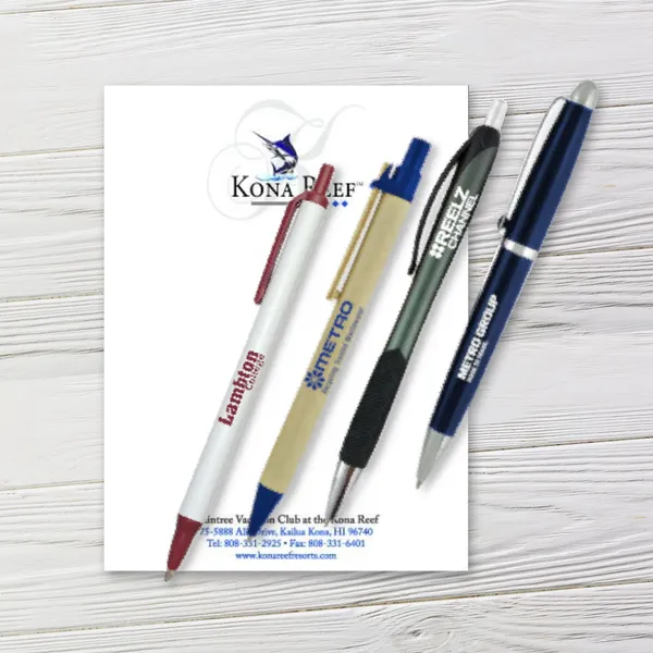 Custom notepad and pen combo set, 4.125x5.5", white and navy blue promotional product