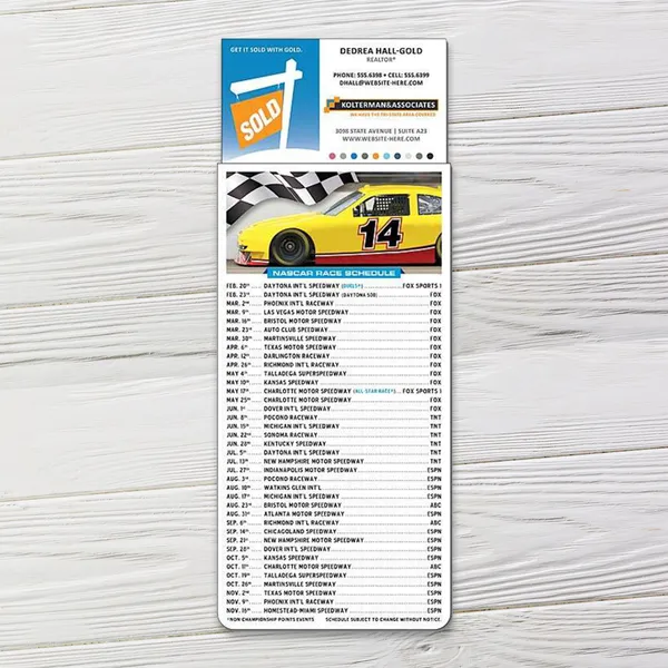Yellow race car NASCAR schedule magnetic business card, 3.5x9 promotional product