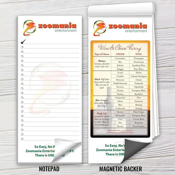 Custom magnetic notepad with wine and cheese pairing guide in orange and cream design