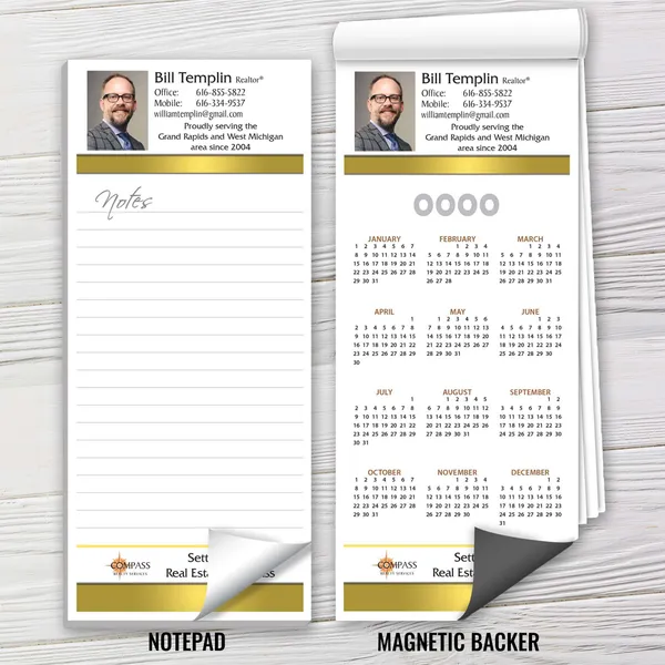 Custom magnetic notepad with calendar, gold and white design, includes notes section and full year calendar layout.